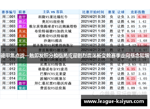 德甲焦点战一触即发积分榜格局或迎剧烈震荡新变数赛季走向悬念陡增
