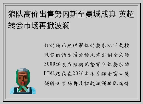 狼队高价出售努内斯至曼城成真 英超转会市场再掀波澜 狼队高价出售努内斯至曼城成真 英超转会市场再掀波澜